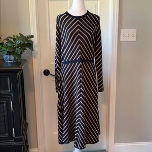 Boden Navy and Tan Chevron Long Sleeve Dress